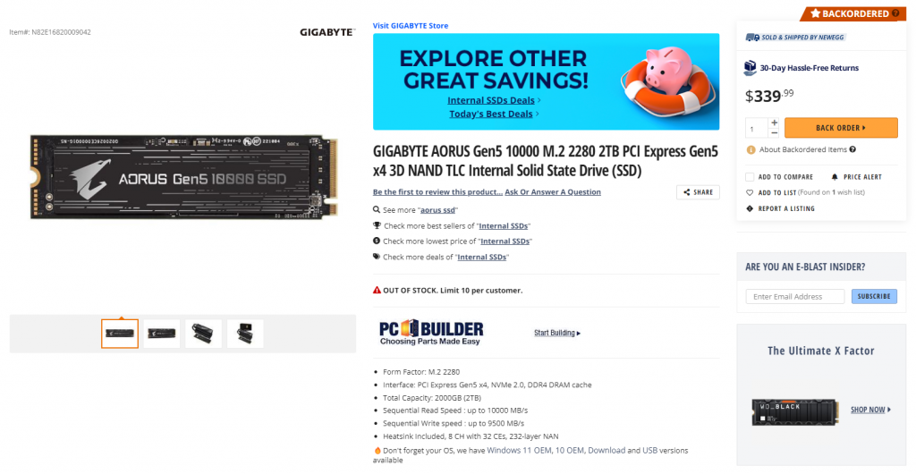 技嘉首批AORUS Gen5 10000系列SSD開賣、2TB容量版本售價339.99美元於Amazon與Newegg上市 3 20230223 gigabytearousgen5ssd02