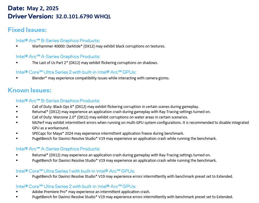 Intel Arc & Iris Xe Graphics驅動更新、v32.0.101.6790 WHQL發布,修復2款遊戲錯誤情況以及內顯相容性問題 6 20250503 intelarcdriveupdate04